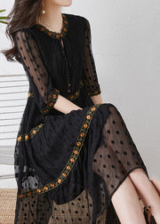 Italian Black Embroidered Exra Large Hem Silk Dress Summer