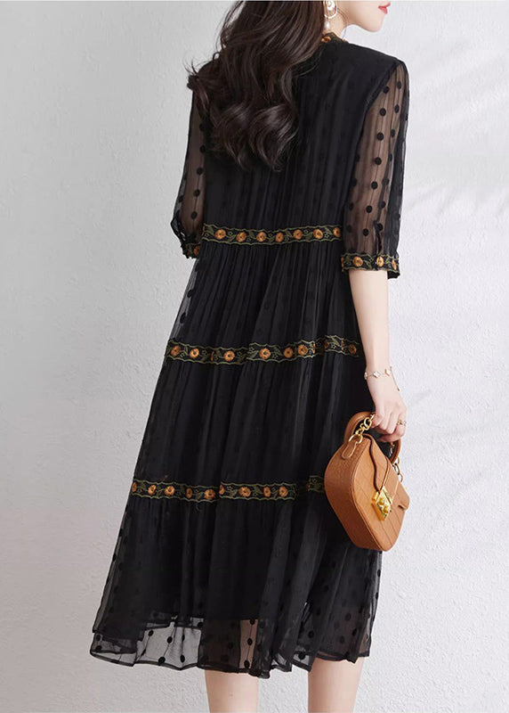 Italian Black Embroidered Exra Large Hem Silk Dress Summer