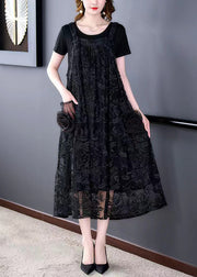 Italian Black Embroidered Pockets Lace Long Dresses Sleeveless