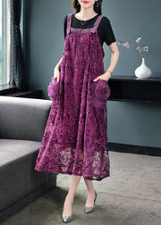 Italian Black Embroidered Pockets Lace Long Dresses Sleeveless