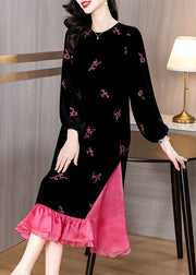 Italian Black Embroidered Pockets Patchwork Silk Velvet Long Dresses Spring