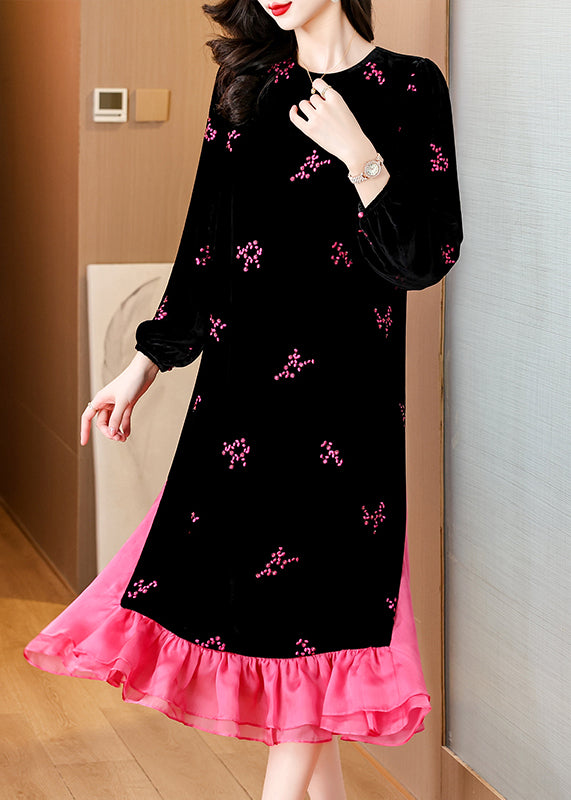 Italian Black Embroidered Pockets Patchwork Silk Velvet Long Dresses Spring