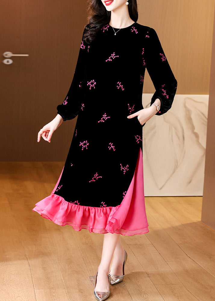 Italian Black Embroidered Pockets Patchwork Silk Velvet Long Dresses Spring