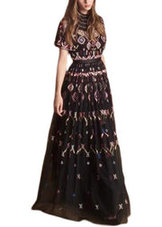 Italian Black Embroidered Wrinkled Patchwork Tulle Maxi Dresses Summer