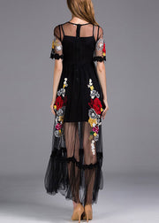 Italian Black Embroidered Zippered Tulle Long Dress Summer