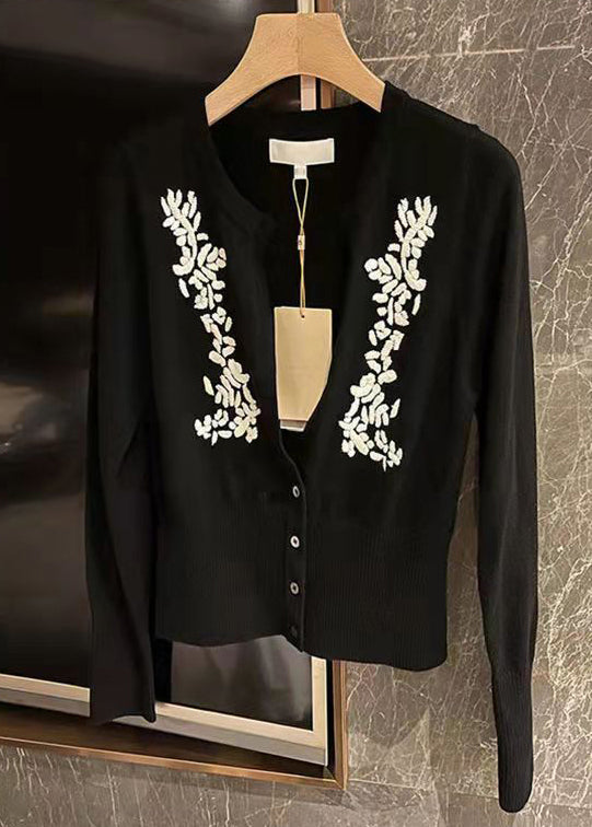 Italian Black Embroidered Button Patchwork Cotton Knit Cardigan Fall