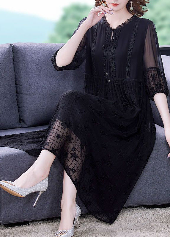 Italian Black Embroideried Lace Up Hollow Out Silk Dress Short Sleeve