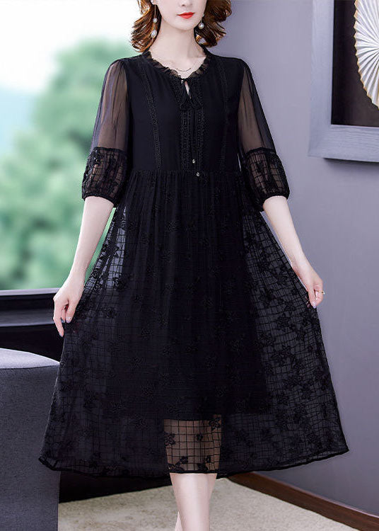 Italian Black Embroideried Lace Up Hollow Out Silk Dress Short Sleeve