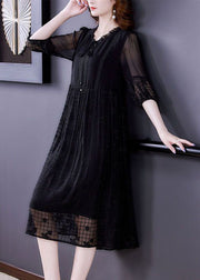 Italian Black Embroideried Lace Up Hollow Out Silk Dress Short Sleeve