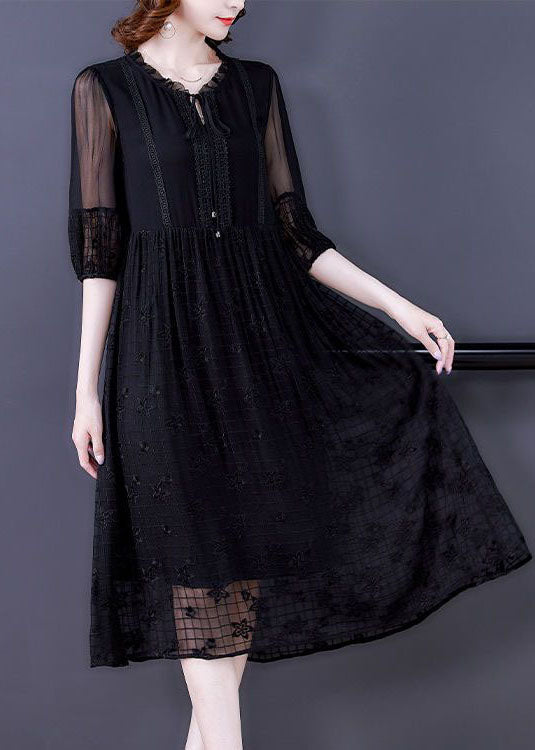 Italian Black Embroideried Lace Up Hollow Out Silk Dress Short Sleeve