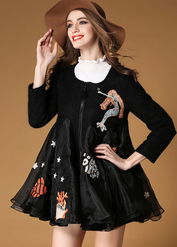 Italian Black Embroideried Organza Patchwork Woolen Coat Spring