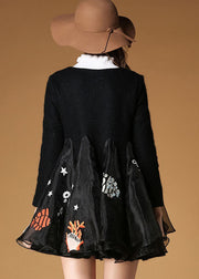 Italian Black Embroideried Organza Patchwork Woolen Coat Spring