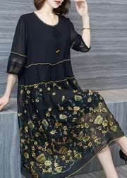 Italian Black Embroideried Wrinkled Patchwork Chiffon Dresses Summer