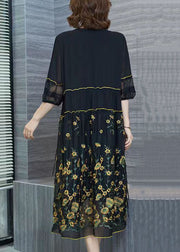 Italian Black Embroideried Wrinkled Patchwork Chiffon Dresses Summer