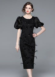 Italian Black Feather Zircon Patchwork Silk Long Dresses Puff Sleeve