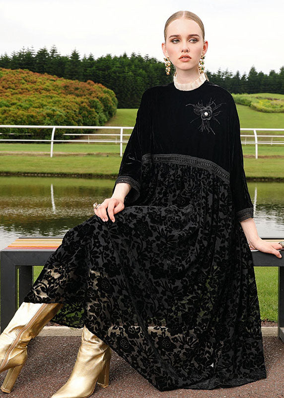 Italian Black Floral Embroidered Patchwork Silk Velour Dress Long Sleeve