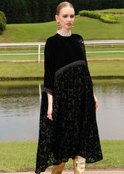 Italian Black Floral Embroidered Patchwork Silk Velour Dress Long Sleeve