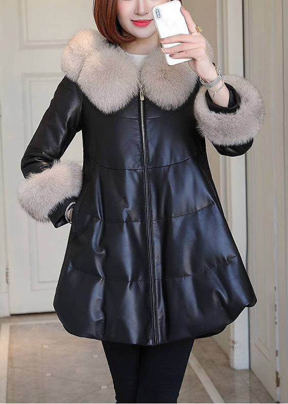 Italian Black Fur Collar Faux Leather Fine Cotton Filled Puffer Jacket Winter