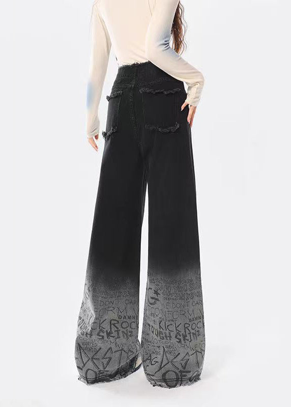 Italian Black Gradient Pockets Graffiti Denim Straight Pants Spring