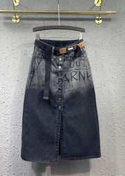 Italian Black Graphic Pockets Front Open Patchwork Denim Skirts Fall