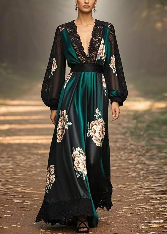 Italian Black Green V Neck Print Lace Patchwork Silk Long Dress Spring