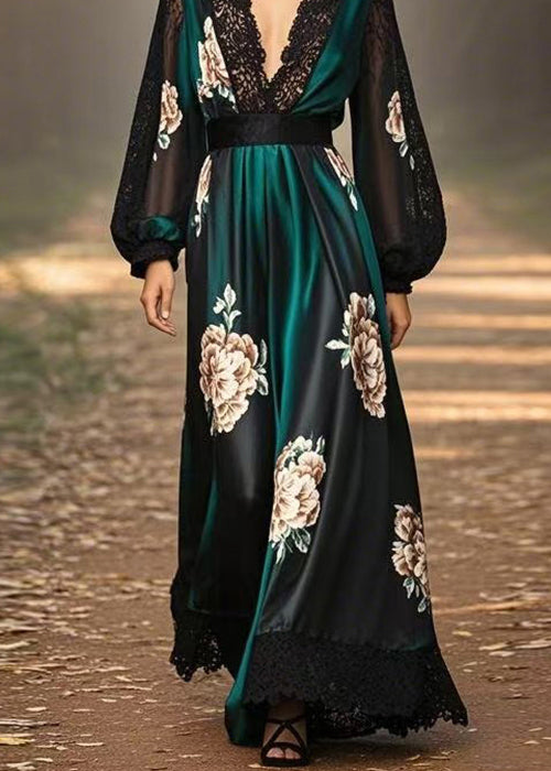 Italian Black Green V Neck Print Lace Patchwork Silk Long Dress Spring