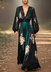 Italian Black Green V Neck Print Lace Patchwork Silk Long Dress Spring