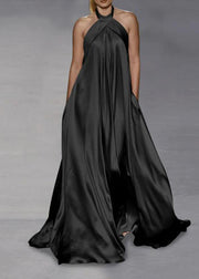 Italian Black Halter Patchwork Solid Silk Long Dress Summer