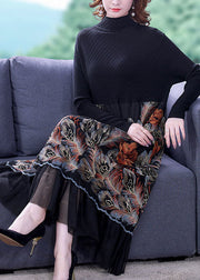 Italian Black High Neck Embroideried Patchwork Knit Long Dresses Long Sleeve