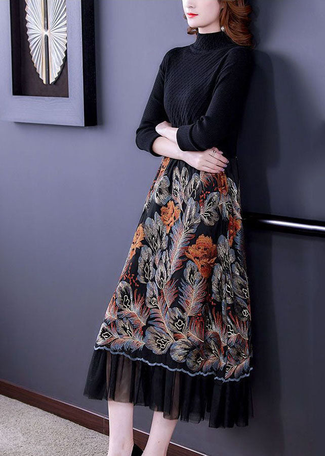 Italian Black High Neck Embroideried Patchwork Knit Long Dresses Long Sleeve