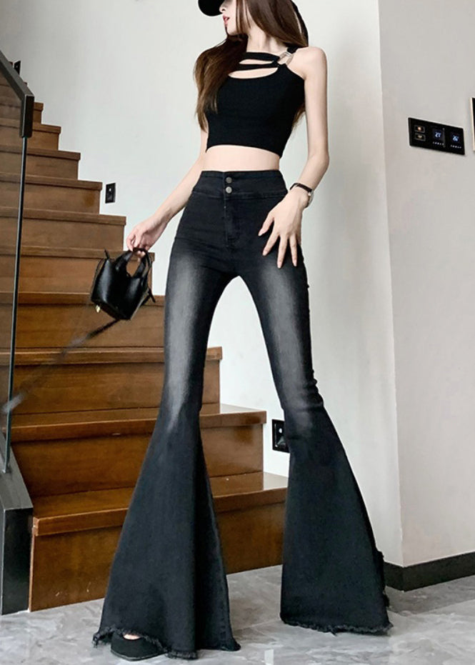 Italian Black High Waist Denim Flared Pants Trousers Spring