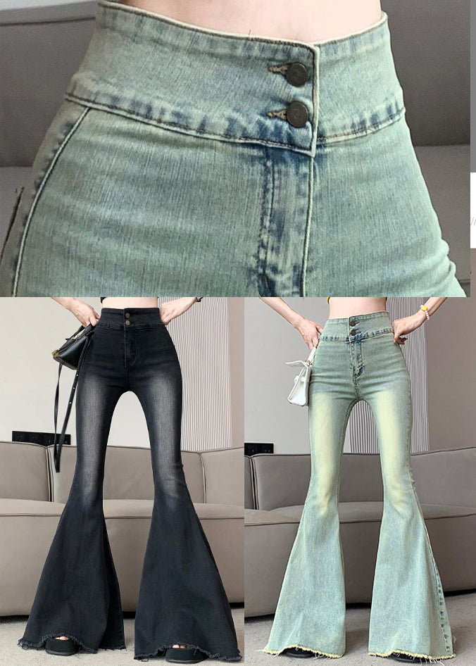 Italian Black High Waist Denim Flared Pants Trousers Spring