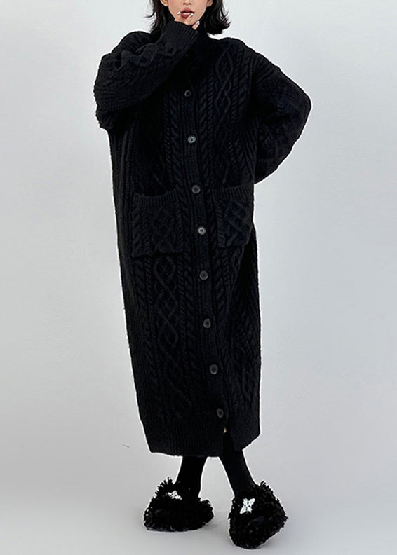 Italian Black Hign Neck Button Knit Loose Sweaters Cardigans Winter