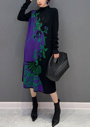 Italian Black Hign Neck Print Knit Sweater Dress Winter