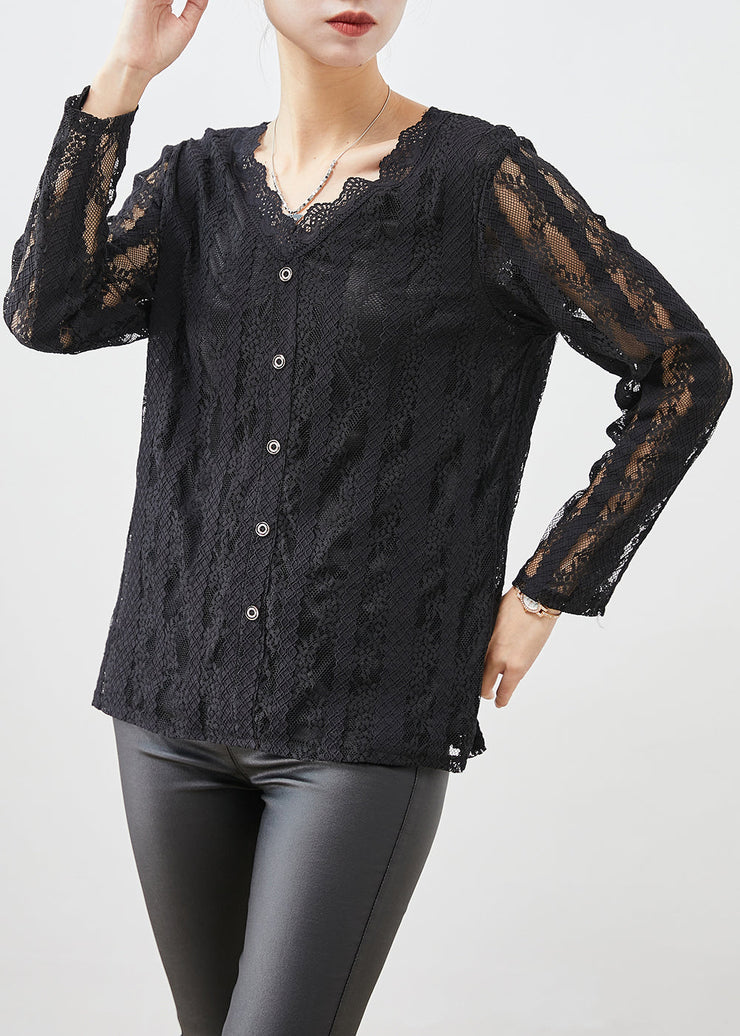 Italian Black Hollow Out Warm Fleece Lace Tops Fall