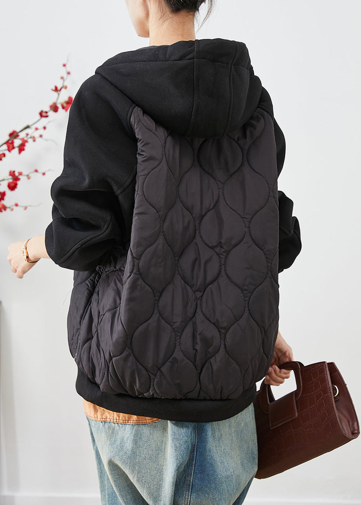 Italian Black Hooded Patchwork Fine Cotton Filled Jackets Winter