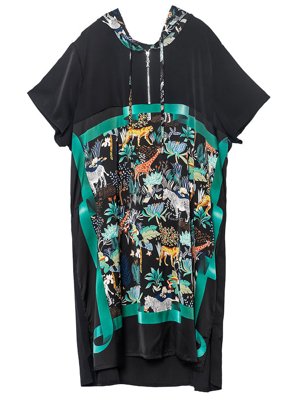 Italian Black Hooded Patchwork Print Chiffon Dress Summer