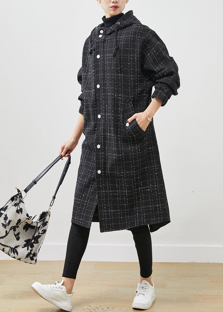 Italian Black Hooded Plaid Woolen Coat Outwear Spring