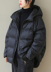 Italian Black Hooded Zip Up Fine Cotton Filled Parka Jacket Winter