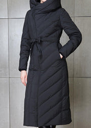 Italian Black Hooded Zippered Tie Waist Duck Down Down Coat Long Sleeve