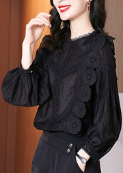 Italian Black Lace Wrinkled Cotton Blouse Spring