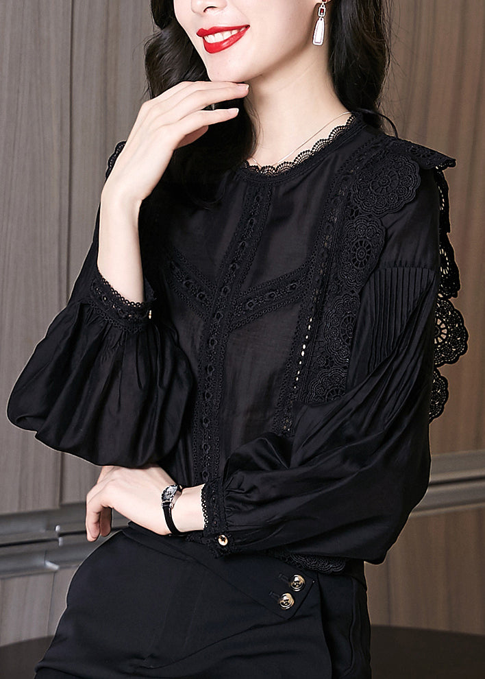 Italian Black Lace Wrinkled Cotton Blouse Spring