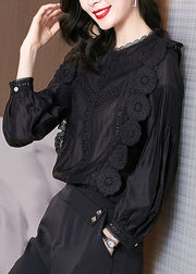 Italian Black Lace Wrinkled Cotton Blouse Spring