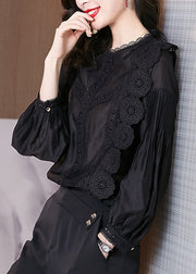 Italian Black Lace Wrinkled Cotton Blouse Spring