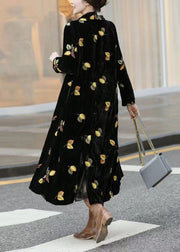 Italian Black Notched Embroidered Patchwork Silk Long Coat Long Sleeve