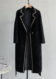 Italian Black Notched Pockets Tie Waist Woolen Coat Winter