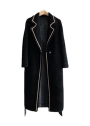 Italian Black Notched Pockets Tie Waist Woolen Coat Winter