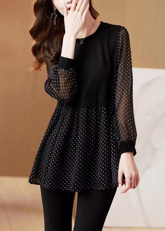 Italian Black O Neck Dot Print Patchwork Chiffon Shirt Fall