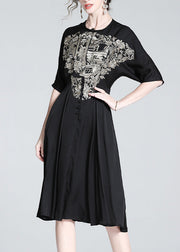 Italian Black O-Neck Embroideried Button Silk Long Dress Summer