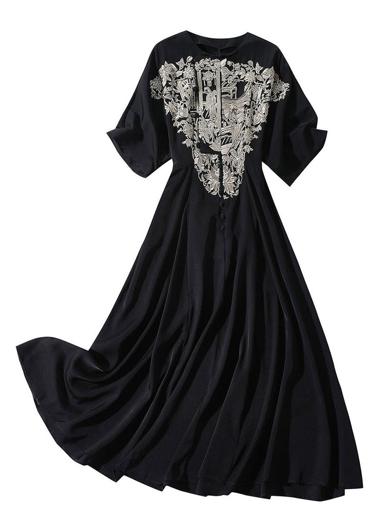 Italian Black O-Neck Embroideried Button Silk Long Dress Summer